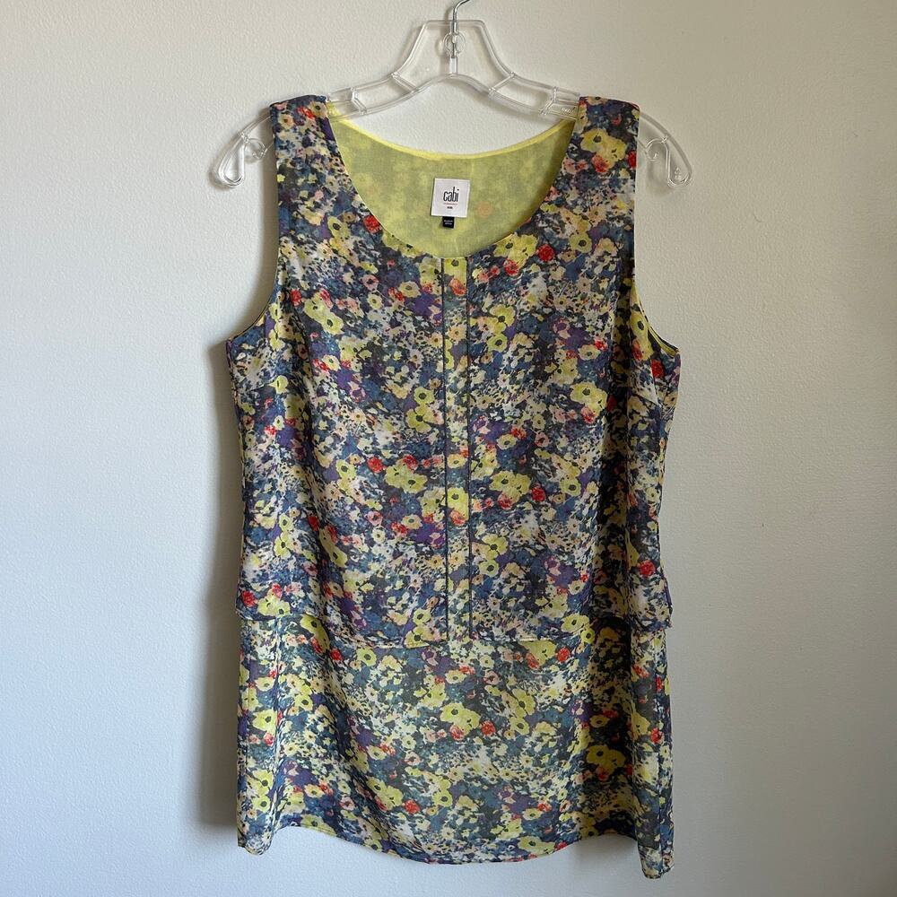 CAbi Chartreuse Multicolor Floral Tiered Flowy Sleeveless Tank Top Blouse Small